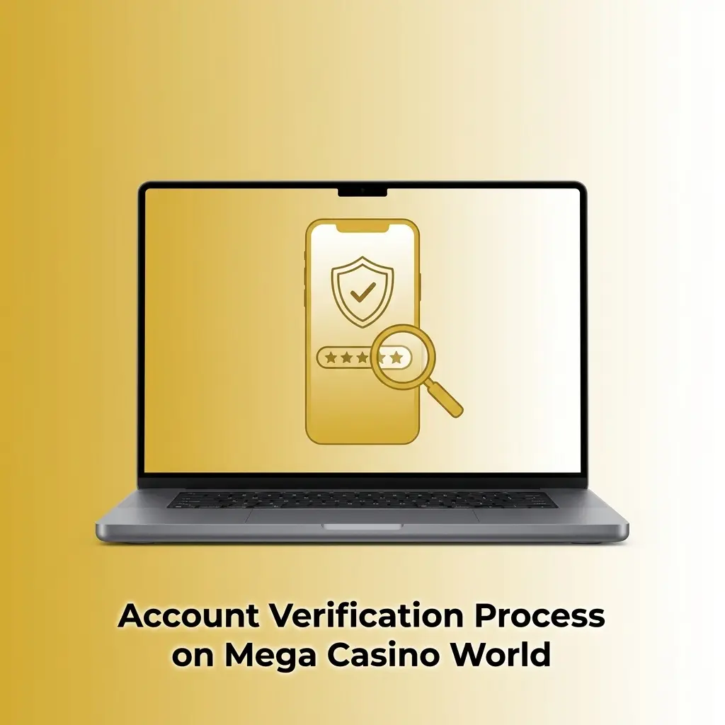 Account verification steps on Mega Casino World: upload ID, confirm address, and submit documents for approval.