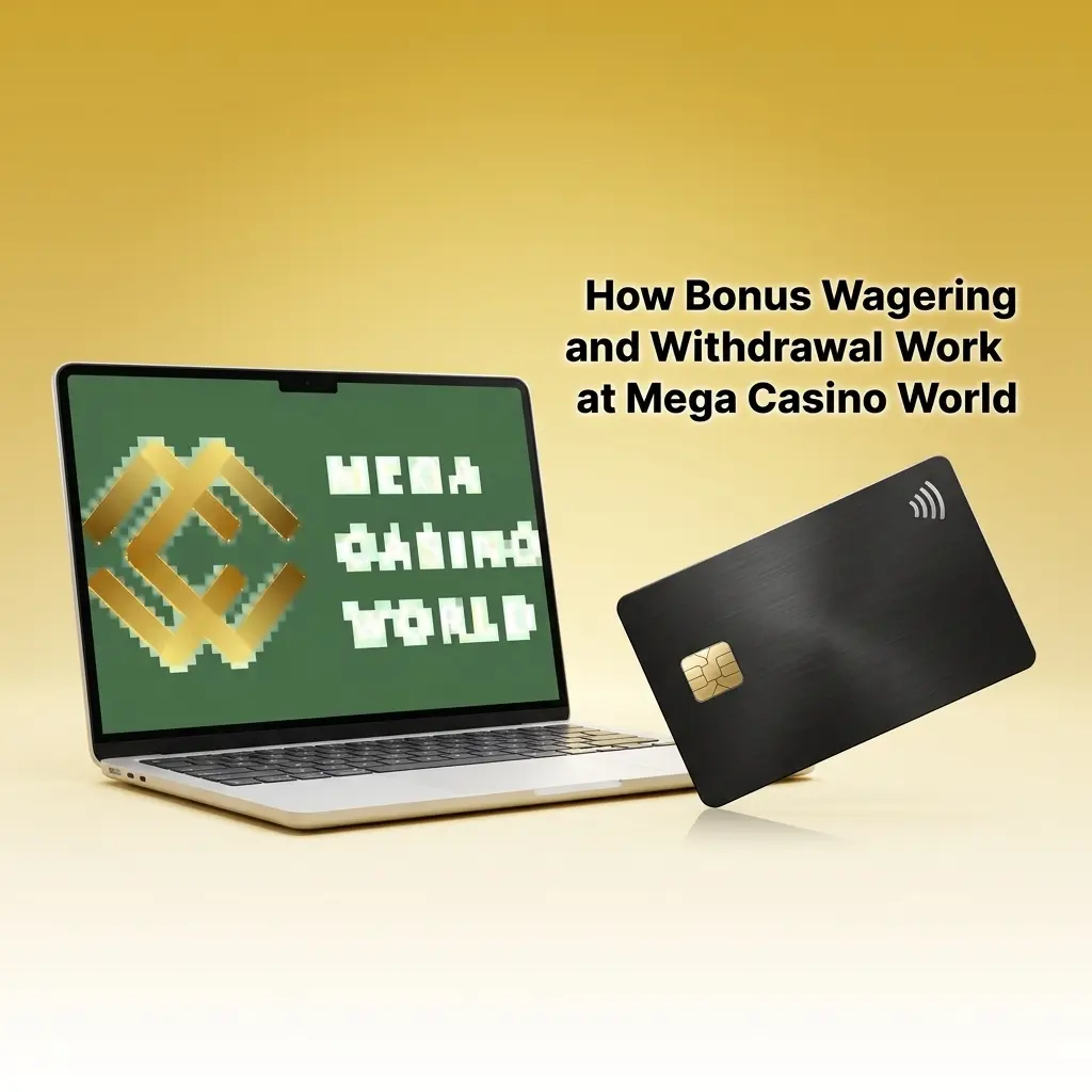 Diagram explaining bonus wagering requirements and withdrawal rules at Mega Casino World, including game contributions and caps