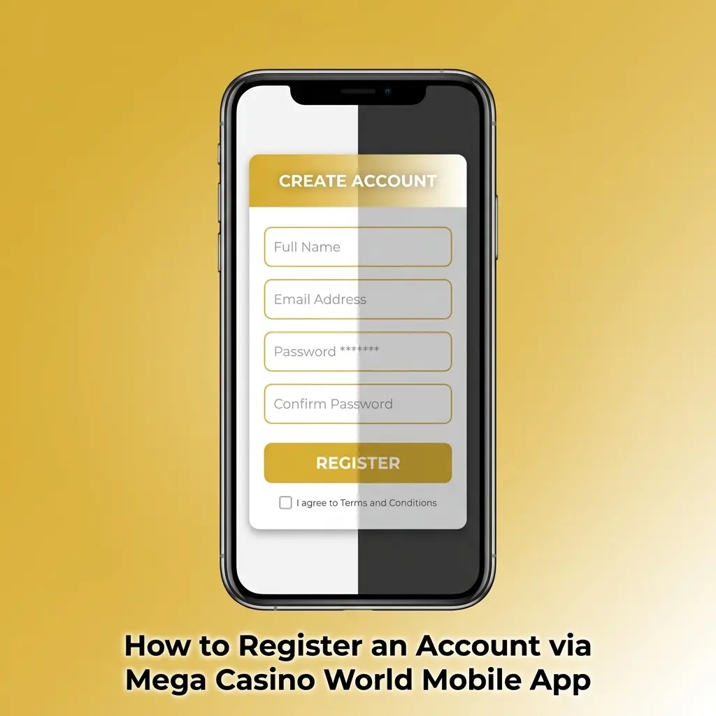 Steps to register an account via Mega Casino World mobile app, including OTP verification and promo code MEGA150