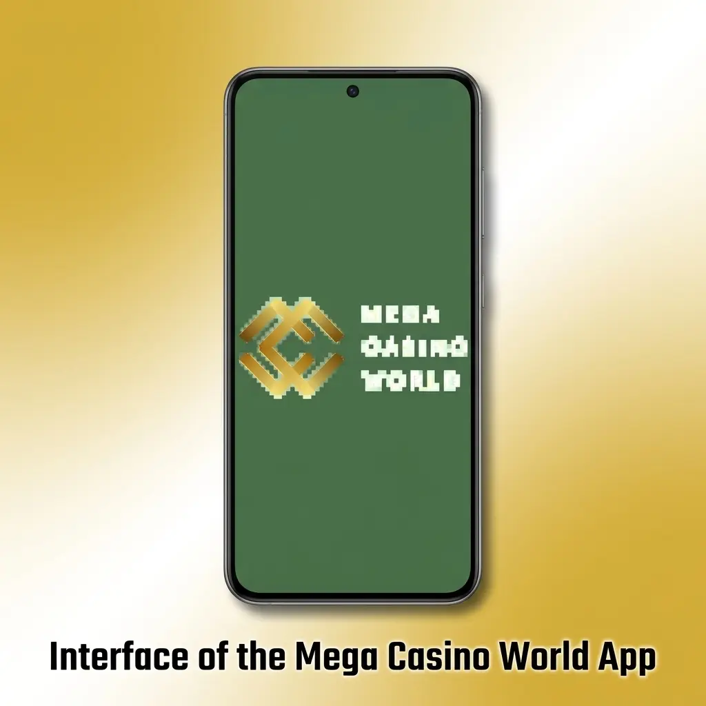 Mega Casino World app interface showing cricket, football and live casino icons on a dark gold-accented dashboard