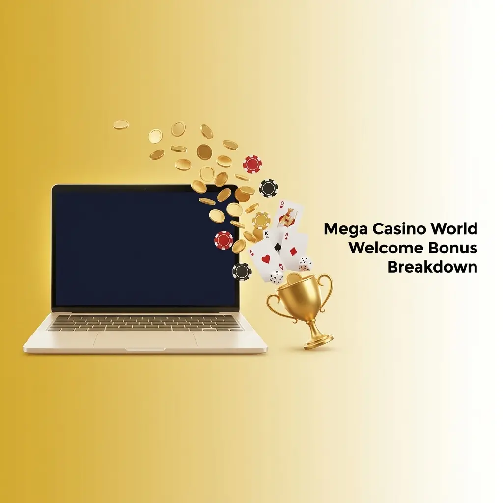 Mega Casino World welcome bonus table showing casino, sportsbook, and live casino offers with wagering terms