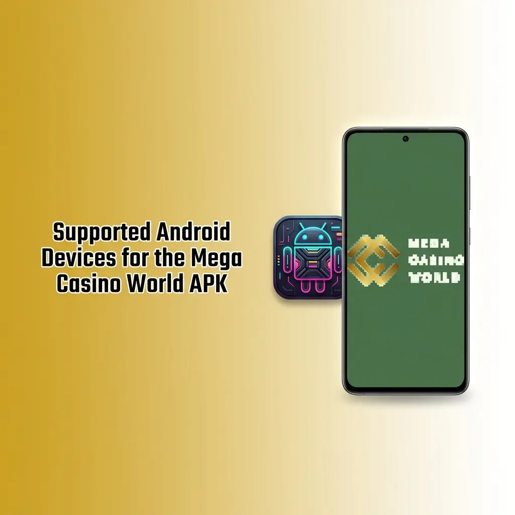 Table of supported Android devices for Mega Casino World APK, listing tested brands like Samsung, Sony, Huawei, OnePlus, Oppo, Google, Xiaomi, Poco