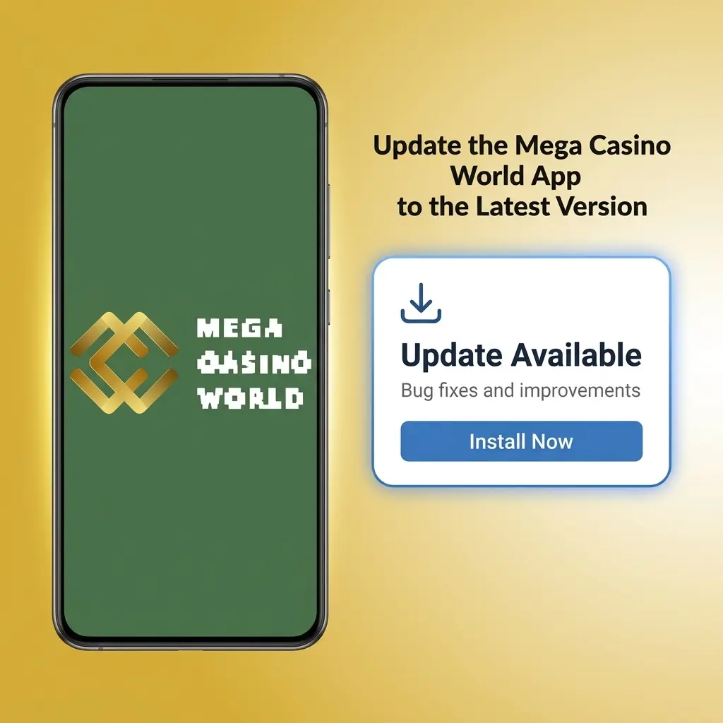 Update Now button and Version number in Mega Casino World app Settings menu, keeping balance and login safe