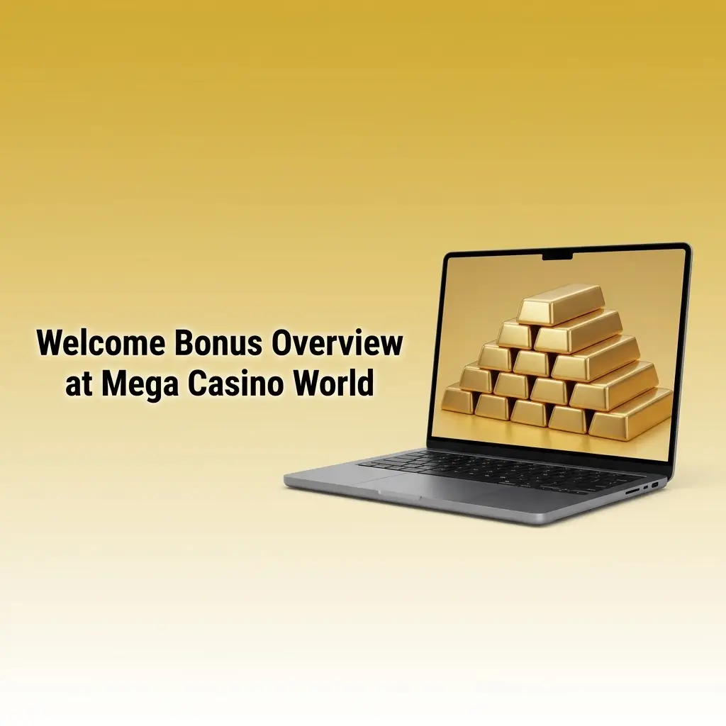 Table showing Mega Casino World welcome bonus percentages, minimum deposits, and wagering requirements for first three deposits.